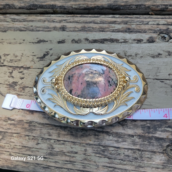 Western Themed Belt Buckle With Oval Rhodonite Stone In The Center - Picture 6 of 8